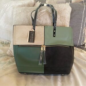 Vegan Patchwork Tote Bag - Green, Black, Cream